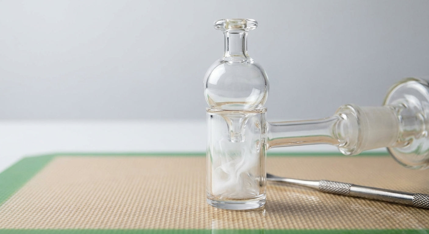 Close-up of a bubble carb cap on a quartz banger mid-dab, vapor swirling inside