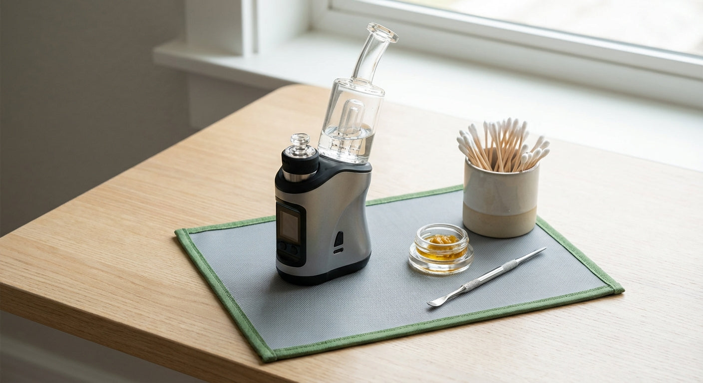 A clean desktop dab station with an electronic rig, jar of rosin, dab tool, q-tips, and a silicone mat