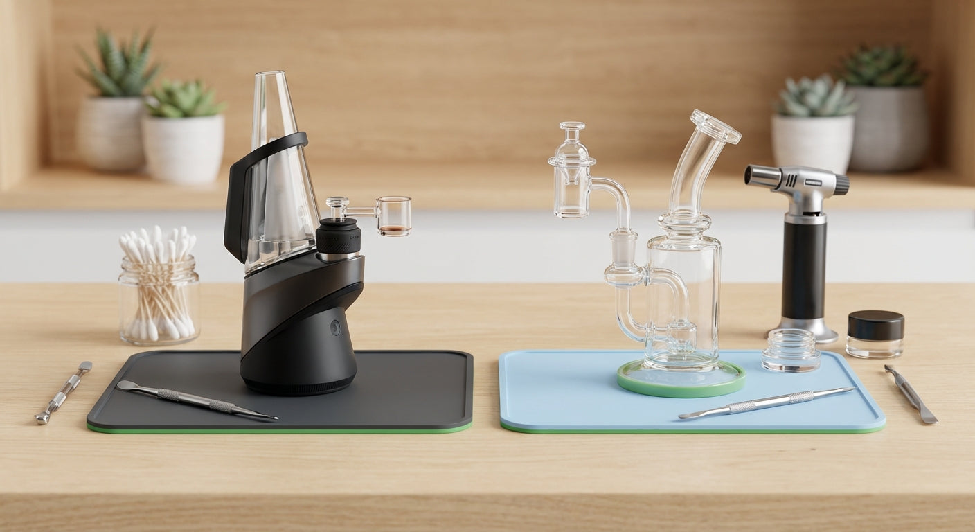 Side-by-side shot of an e-rig and a quartz banger rig on a clean dab station with tools