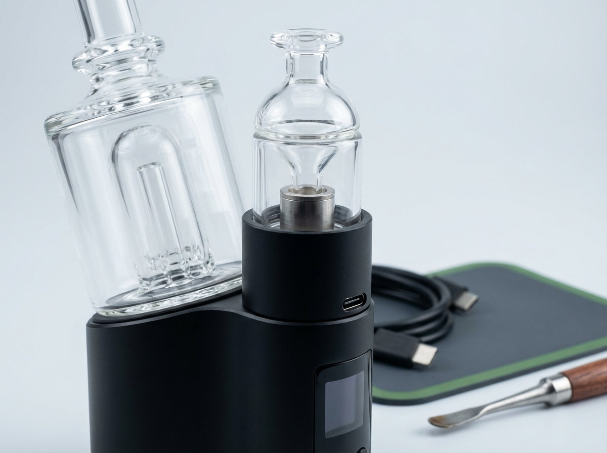 Close-up of a modern electric dab rig  chamber, carb cap, and USB-C port