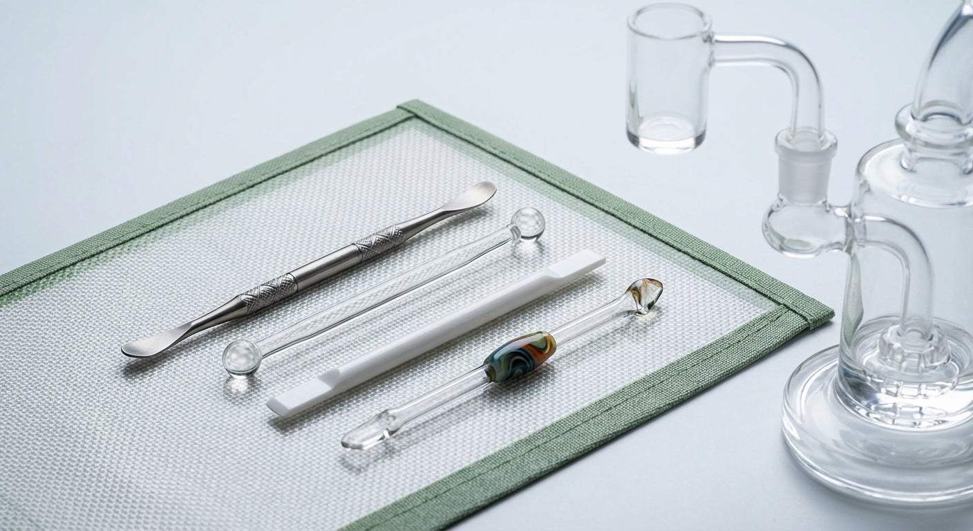 Close-up of titanium, quartz, ceramic, and glass dab tools laid out on a silicone dab mat next to a dab rig