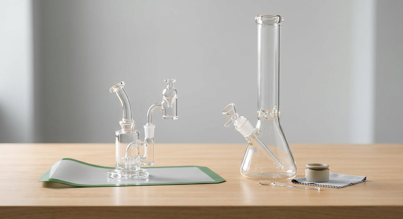 Side-by-side shot of a small dab rig with quartz banger next to a tall beaker bong