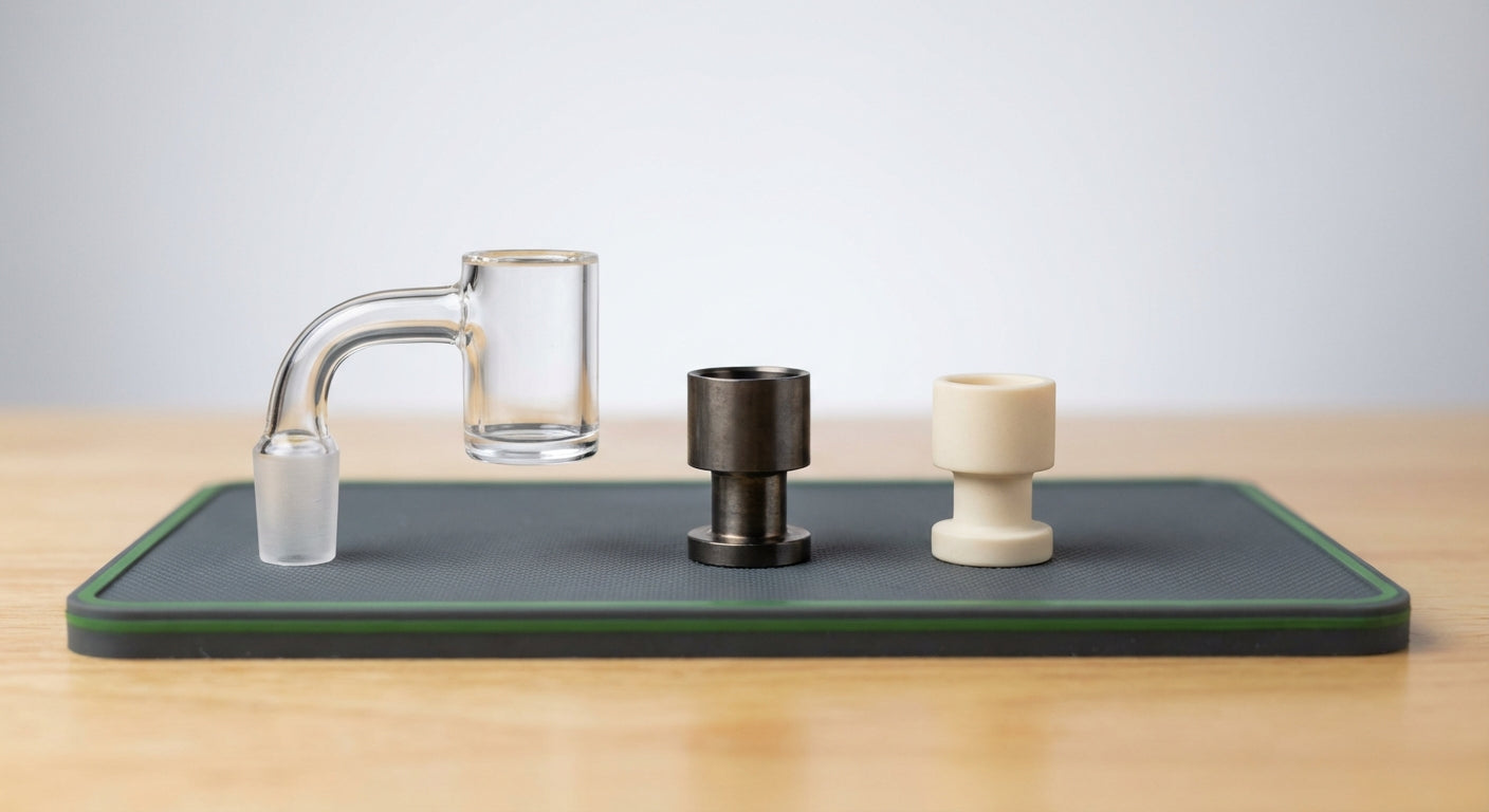 Close-up photo of quartz banger, titanium nail, and ceramic nail side-by-side on a dab station