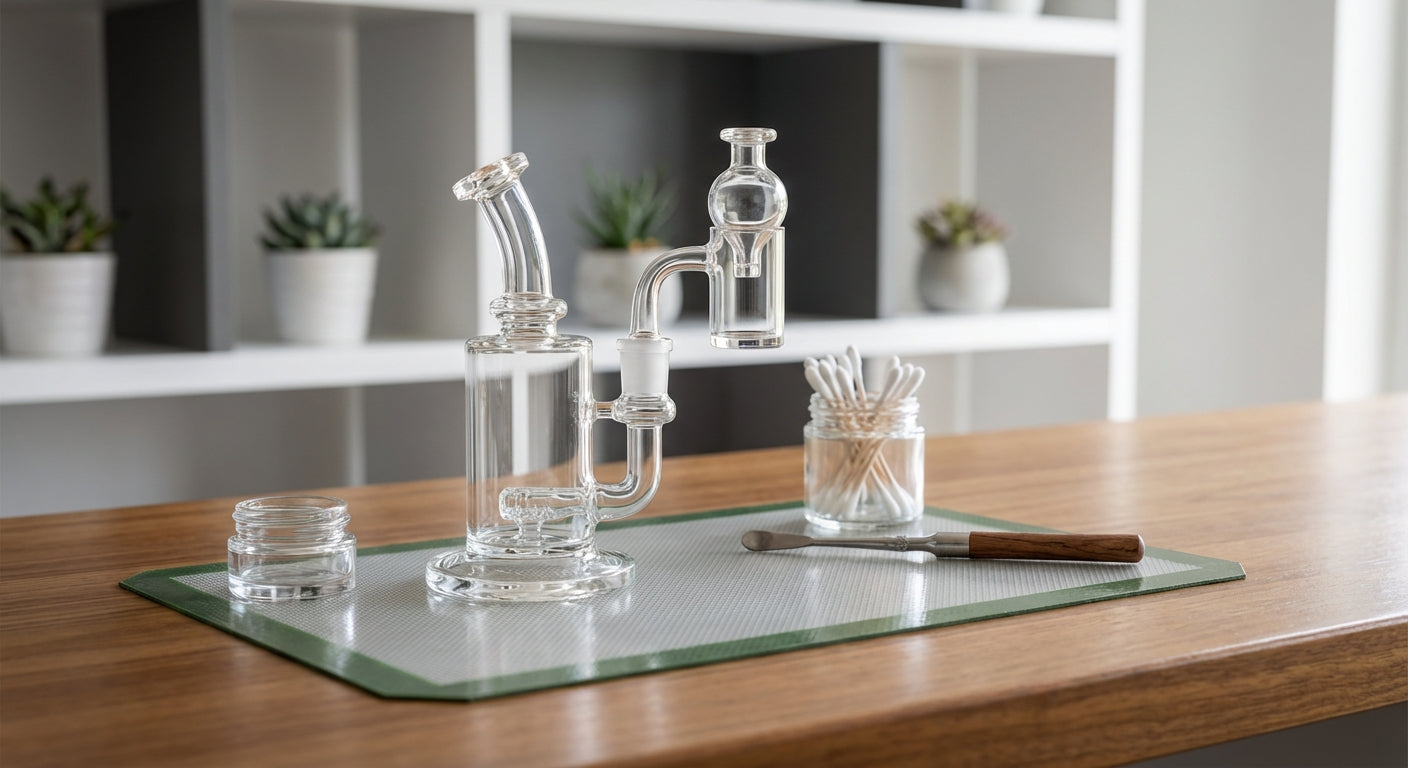 A clean dab station setup with a glass rig, quartz banger, carb cap, dab tool, q-tips, and a silicone dab mat