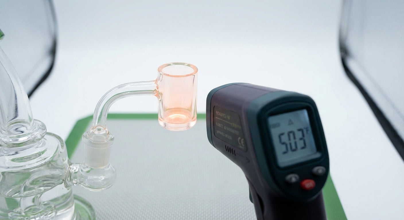 Close-up of a quartz banger with an IR thermometer reading around 500°F