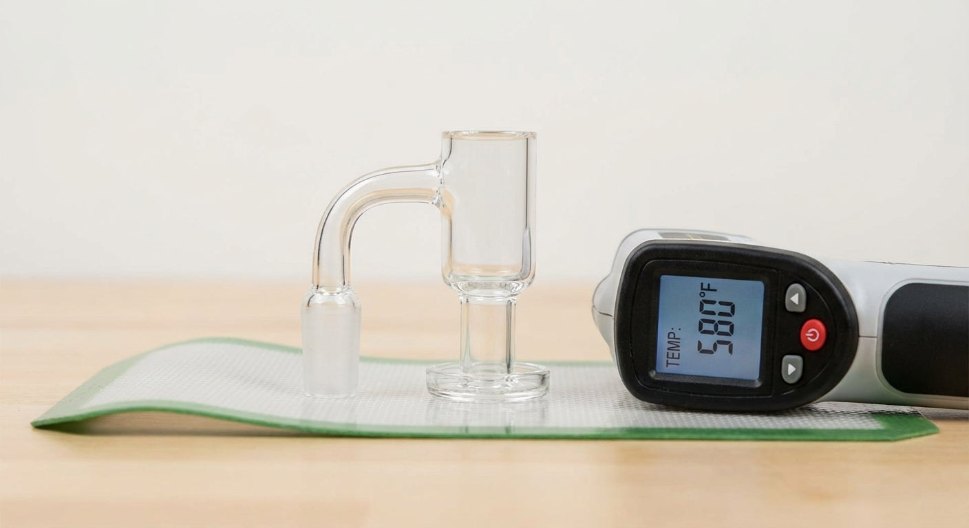 Close-up of a quartz banger with a temp reading on an IR thermometer