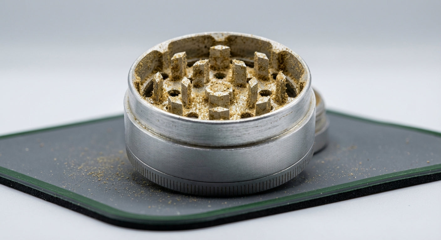 Close-up macro shot of metal grinder teeth with kief buildup