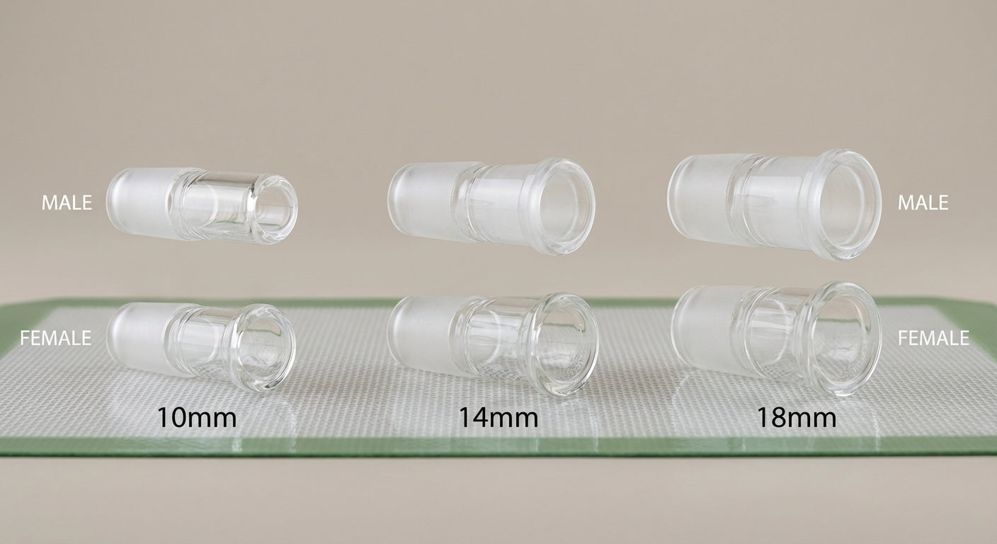 Close-up photo of 10mm/14mm/18mm joints labeled,  male vs female