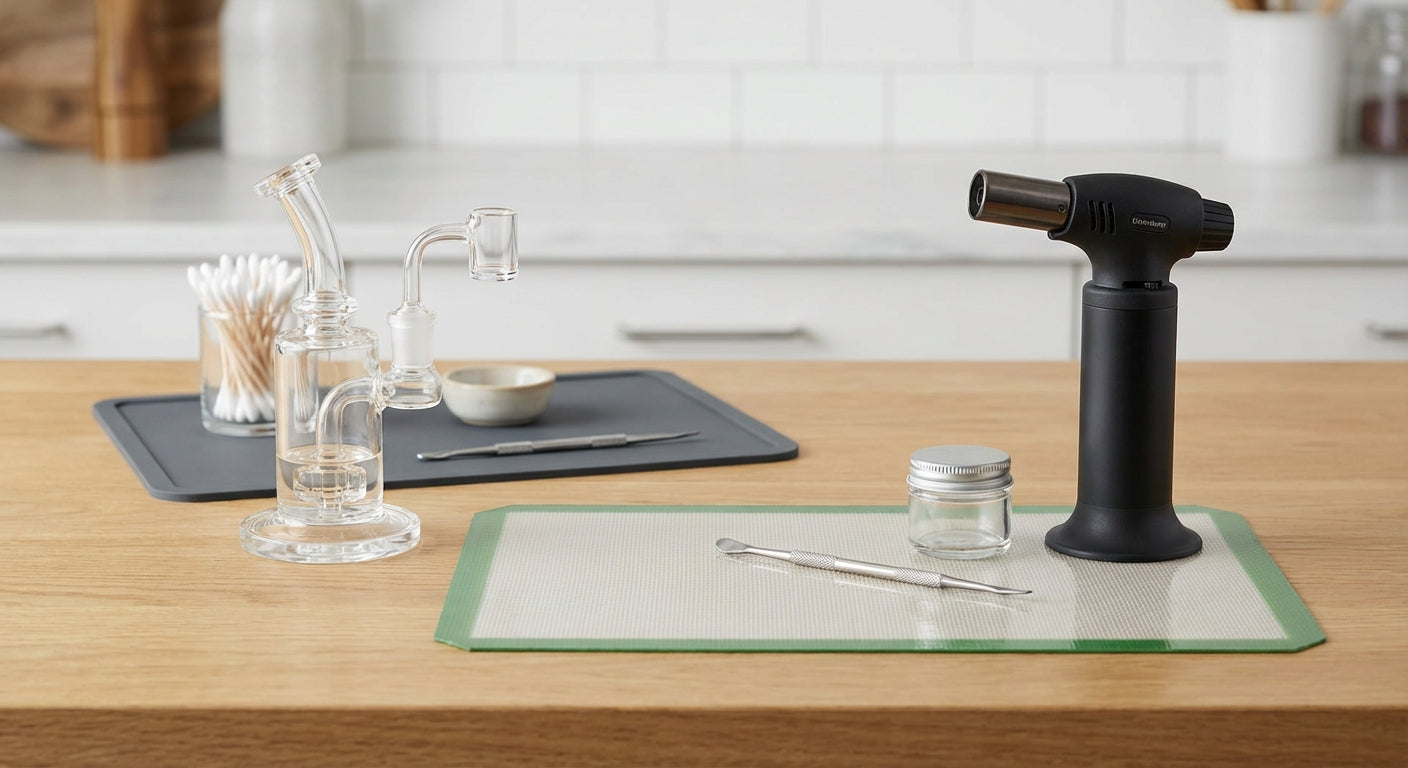 A tidy dab station layout with torch, rig, tools, and a clear “hot zone”