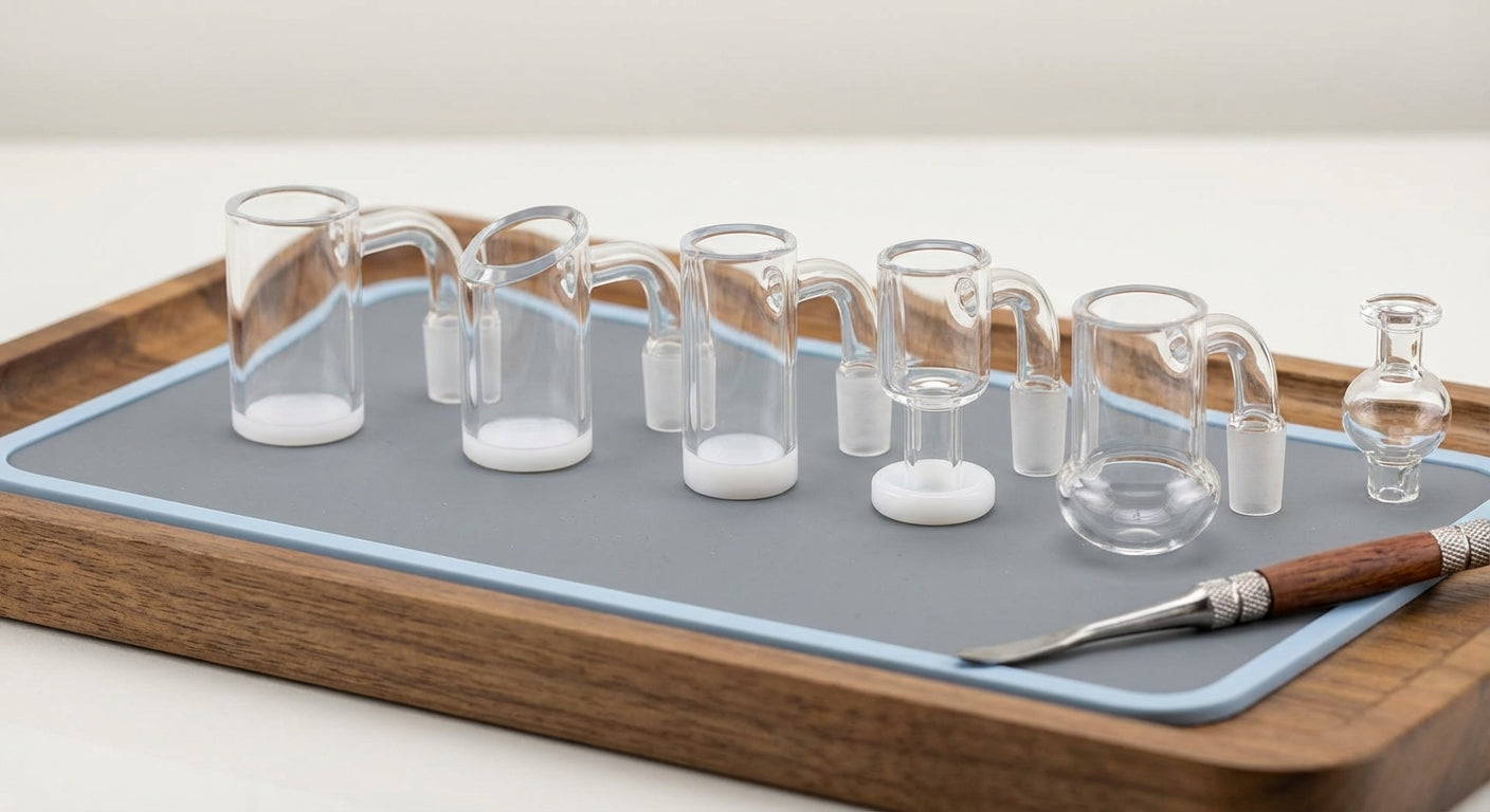 Close-up lineup of different quartz banger shapes on a dab tray