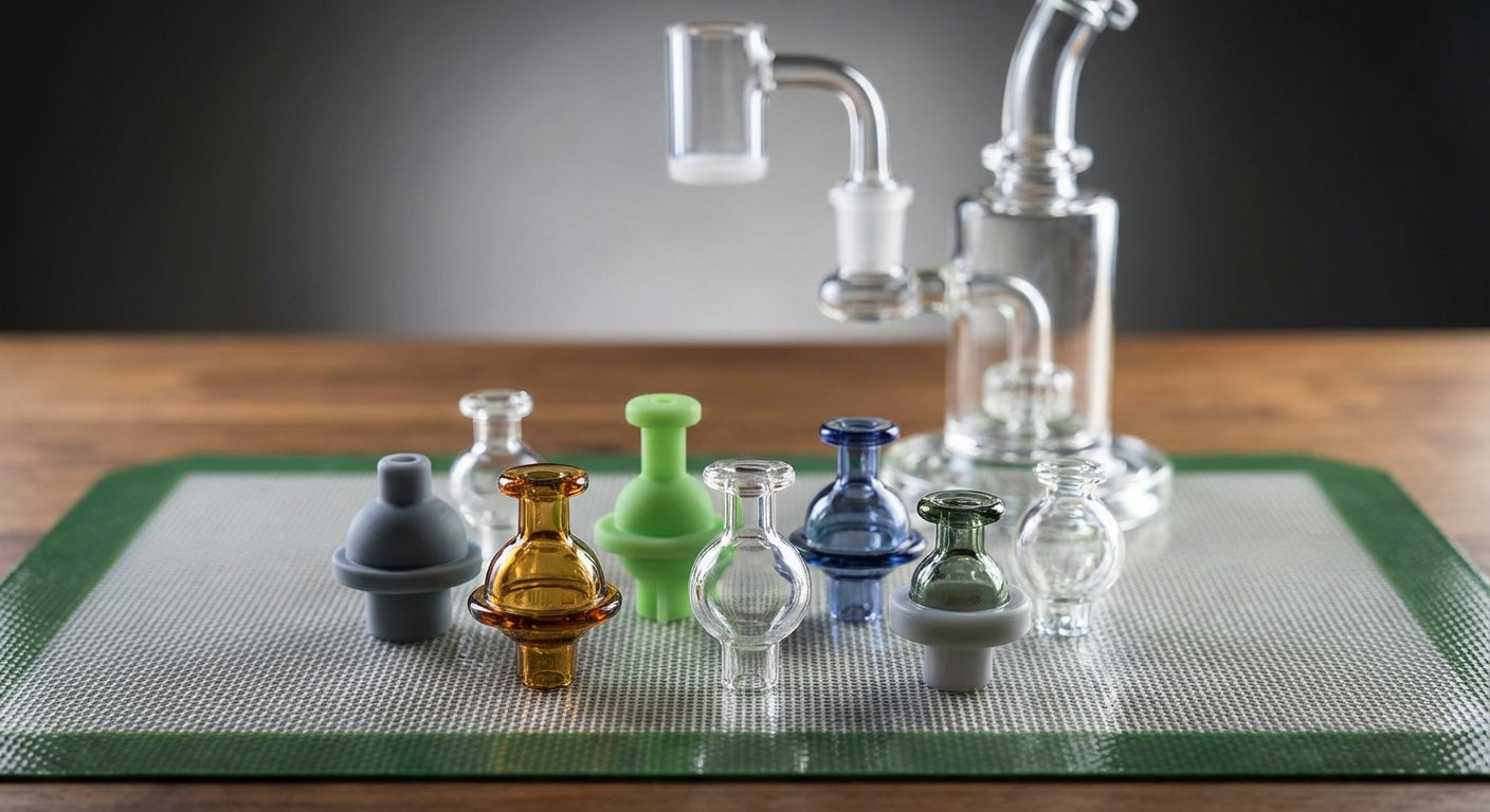Close-up of different carb caps on a silicone dab mat with a dab rig in the background
