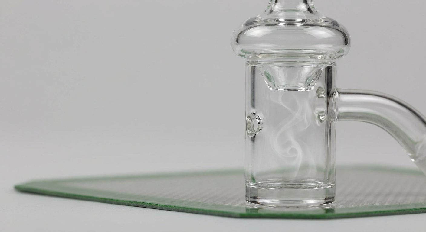 Close-up of a quartz bucket banger with a bubble cap seated,  the airflow hole and a light vapor swirl