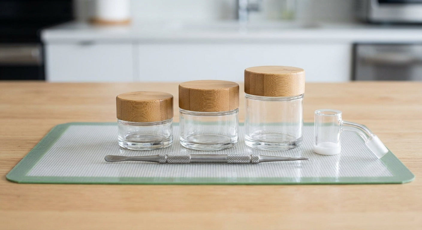 A lineup of small glass concentrate jars (3 ml, 5 ml, 7 ml) next to a dab tool and a quartz banger