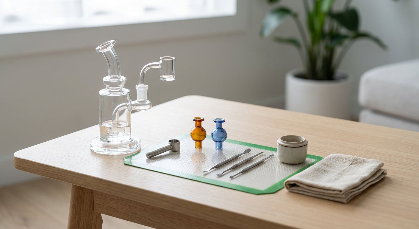 Modern dab tools, carb caps, and a silicone dab mat laid out neatly next to a glass dab rig