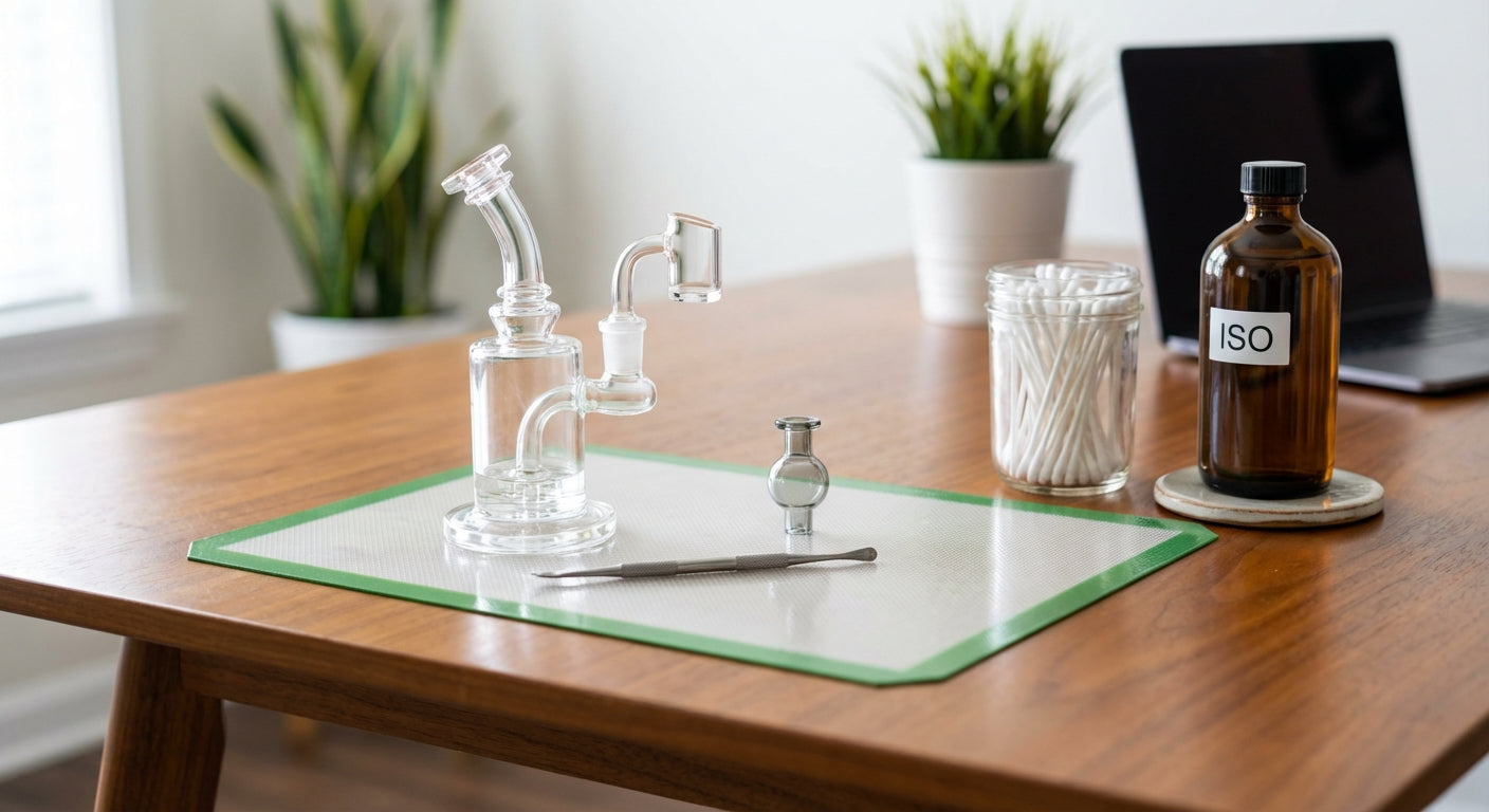 A tidy dab station on a desk, silicone mat centered, rig and tools arranged, q-tips and ISO nearby
