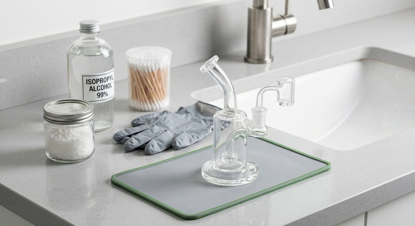 A cleaning setup with isopropyl alcohol, coarse salt, gloves, q-tips, and a glass rig near a sink
