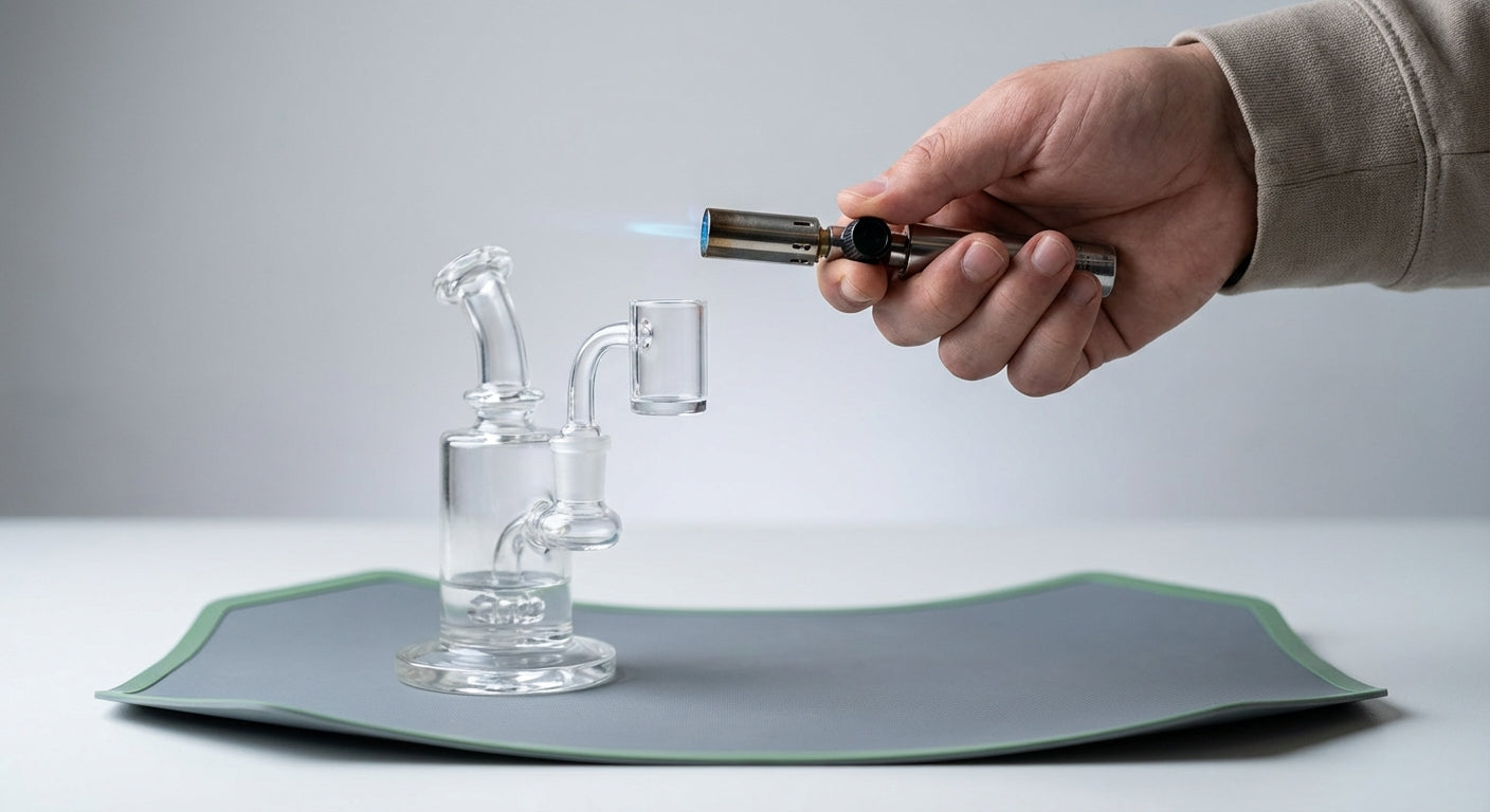 Close-up of a hand adjusting a dab torch flame over a quartz banger on a rig, with a silicone dab mat underneath