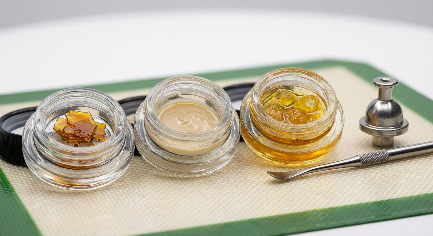 Close-up of different concentrates (shatter, rosin, sauce) in small jars on a silicone dab mat