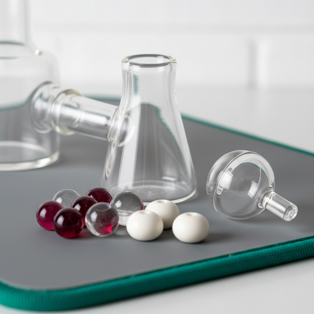 A close-up of ruby, quartz, and ceramic terp pearls next to a quartz banger and carb cap