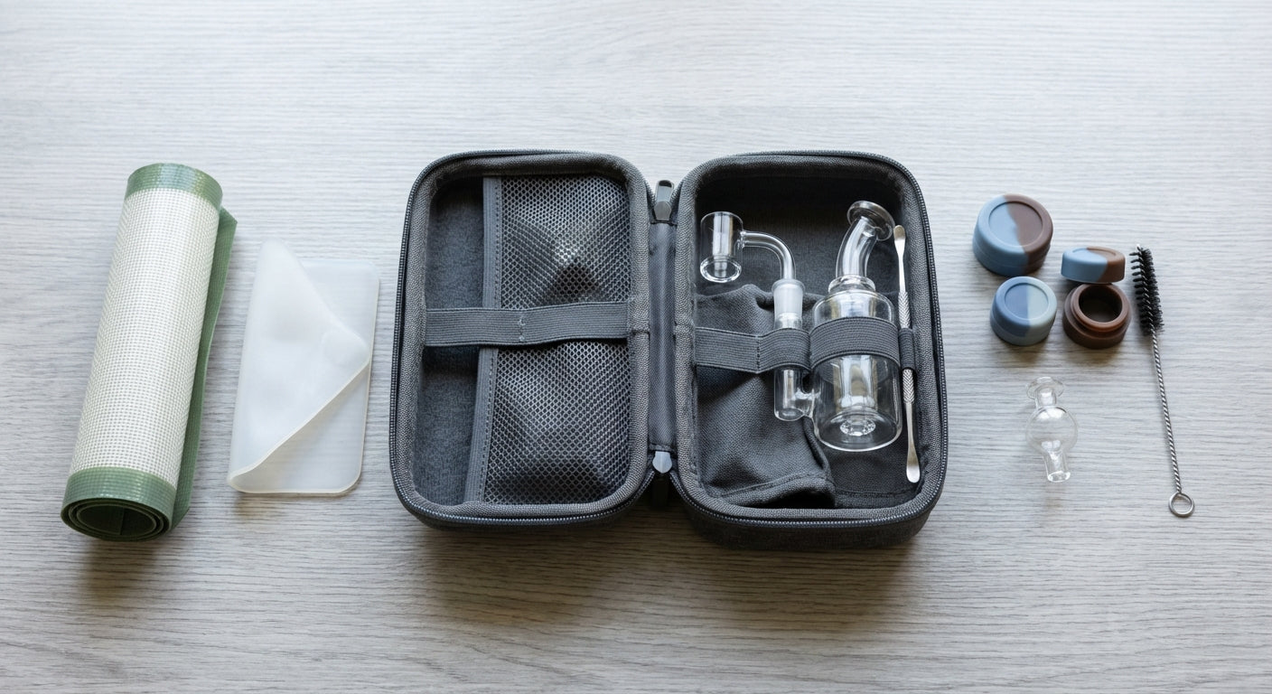 Flat lay of a compact travel dab kit with case, tools, and silicone pads