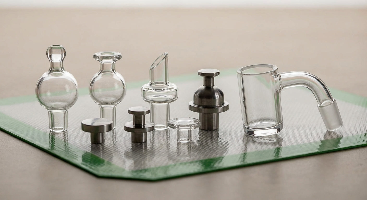 Close-up of different carb cap types laid out on a silicone dab mat next to a quartz banger