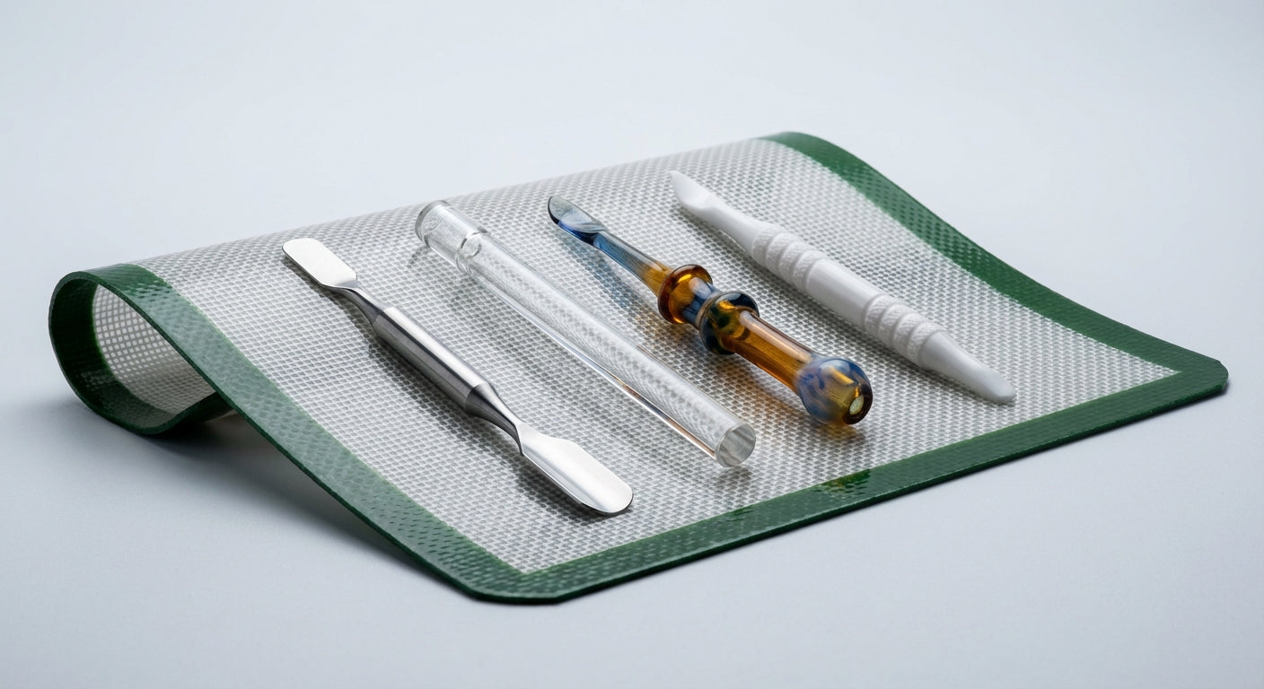 Close-up lineup of four dab tools: titanium, quartz, glass, ceramic, on a silicone dab mat