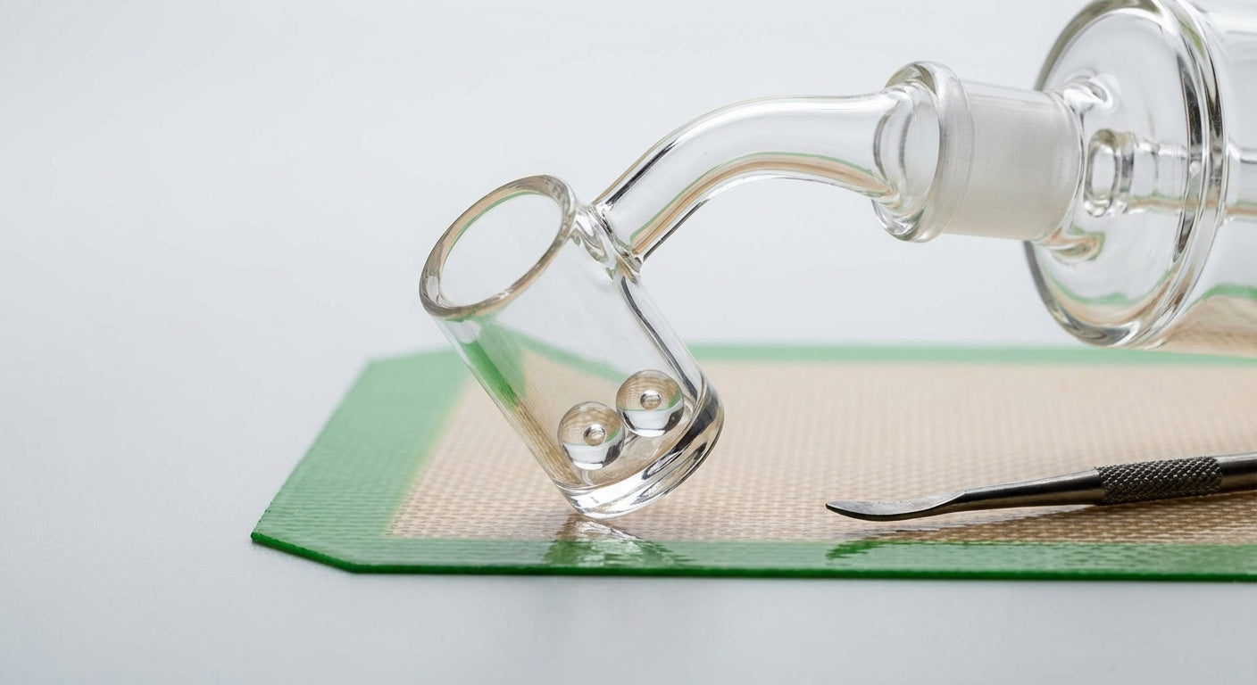 Close-up of a quartz banger with spinning terp pearls on a dab rig