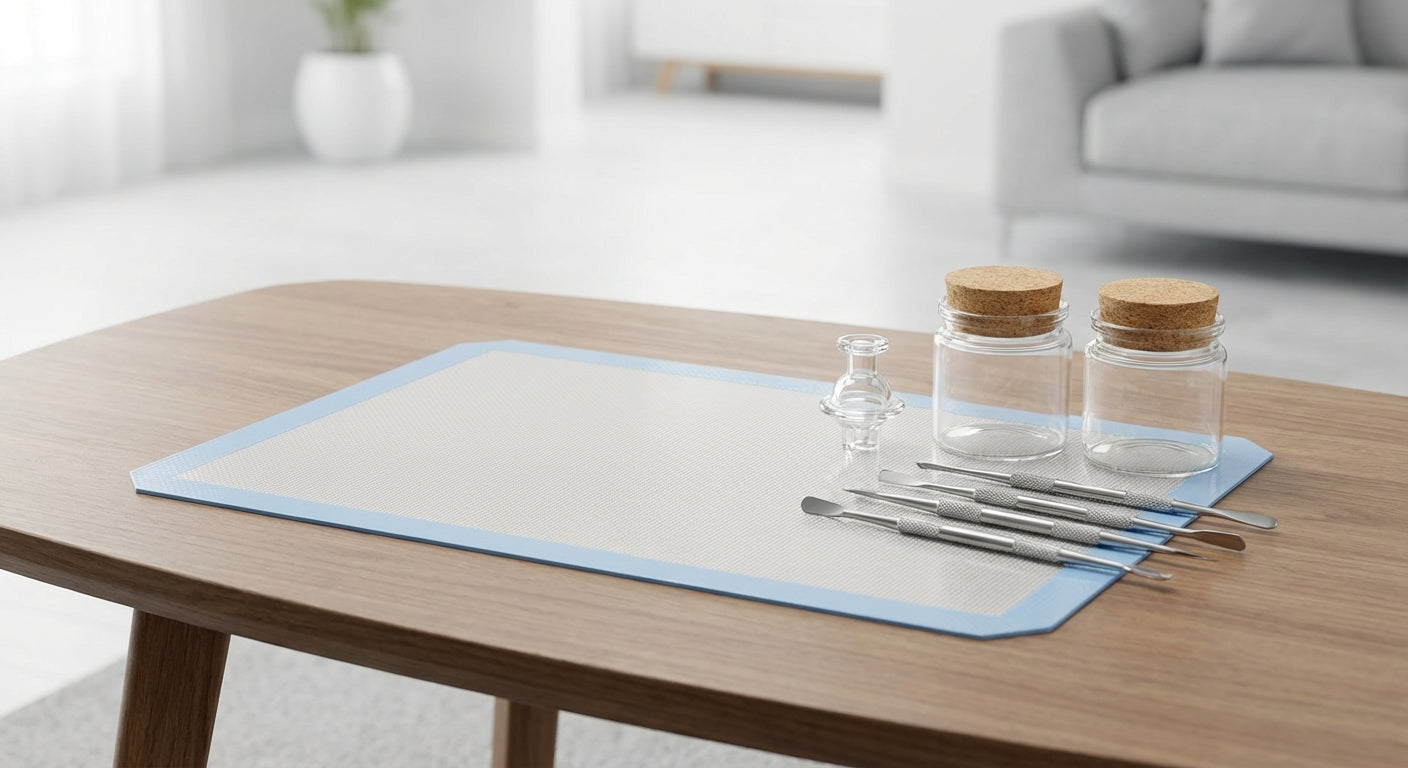 Close-up shot of a silicone dab pad with tools, carb cap, and small glass jars neatly arranged on a coffee table