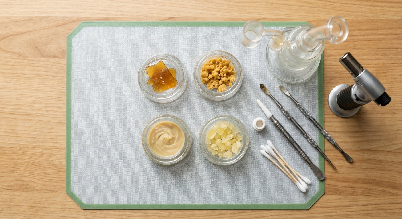 Flat lay of different concentrates labeled shatter, wax, rosin, diamonds on a silicone dab mat with tools and a small...