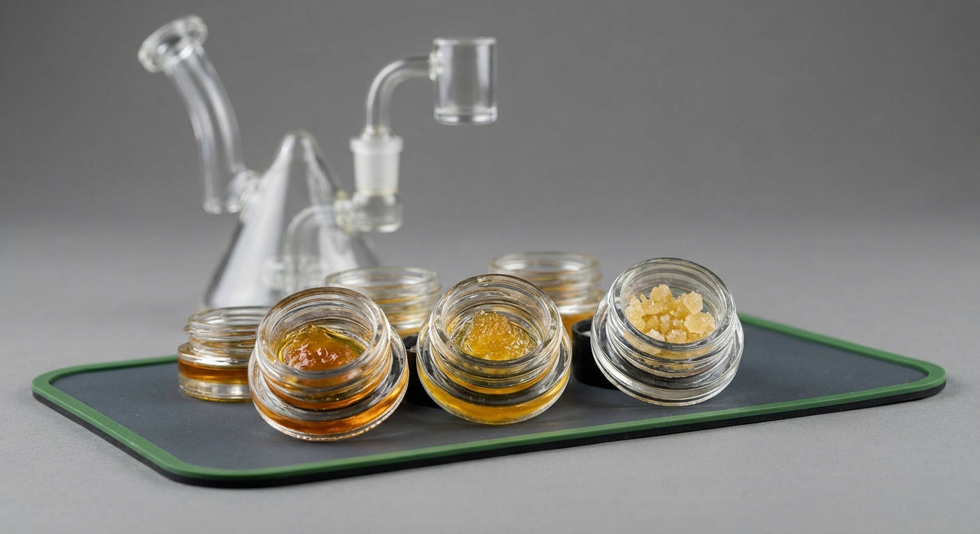 Close-up of various concentrates stored in jars on a silicone dab mat, with a dab rig in the background