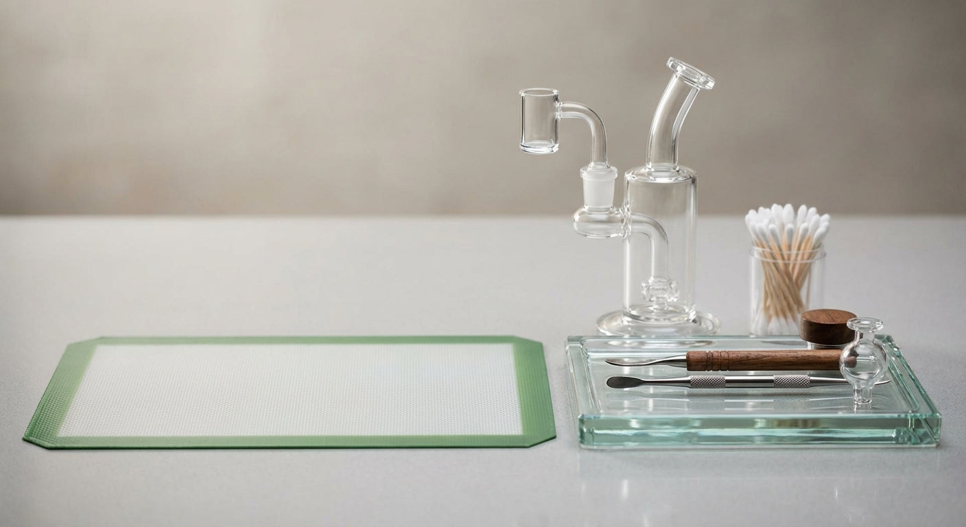 Close-up of a silicone dab mat next to a glass tray, both on a cluttered dab station with tools and a rig