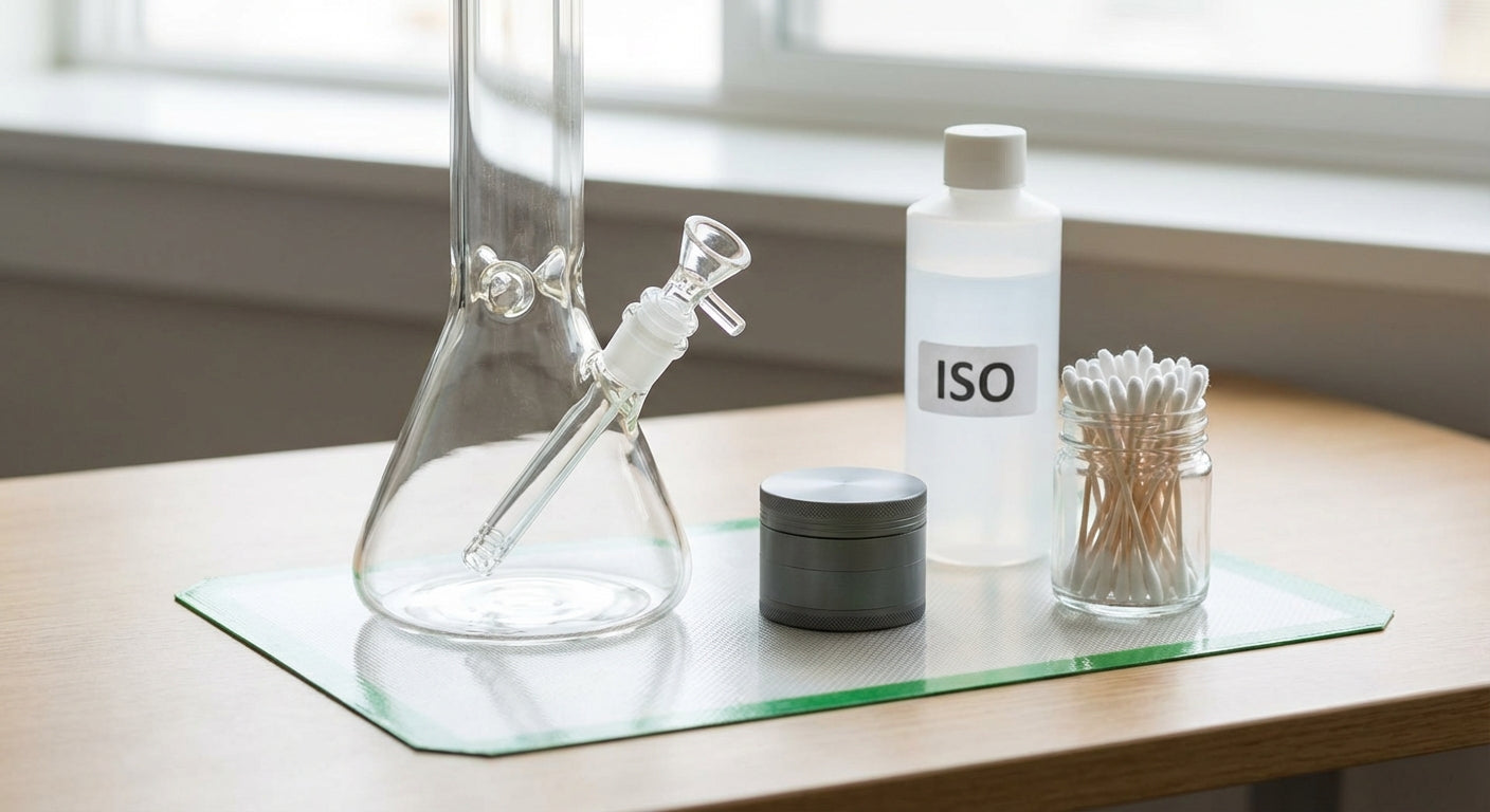 A clean beaker bong on a desk next to a grinder, ISO, and q-tips