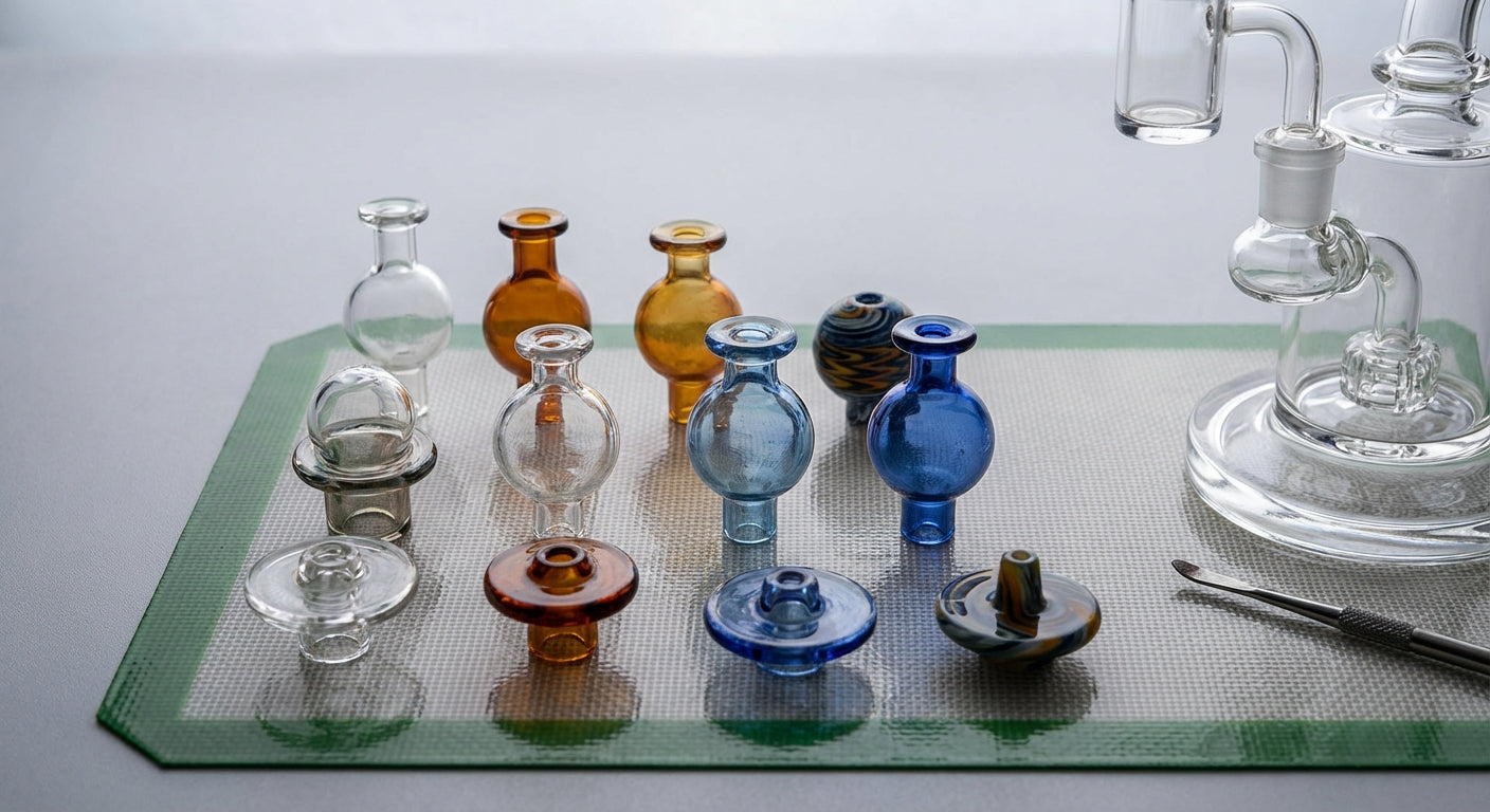 Close-up of several carb cap styles laid out on a silicone dab mat next to a dab rig