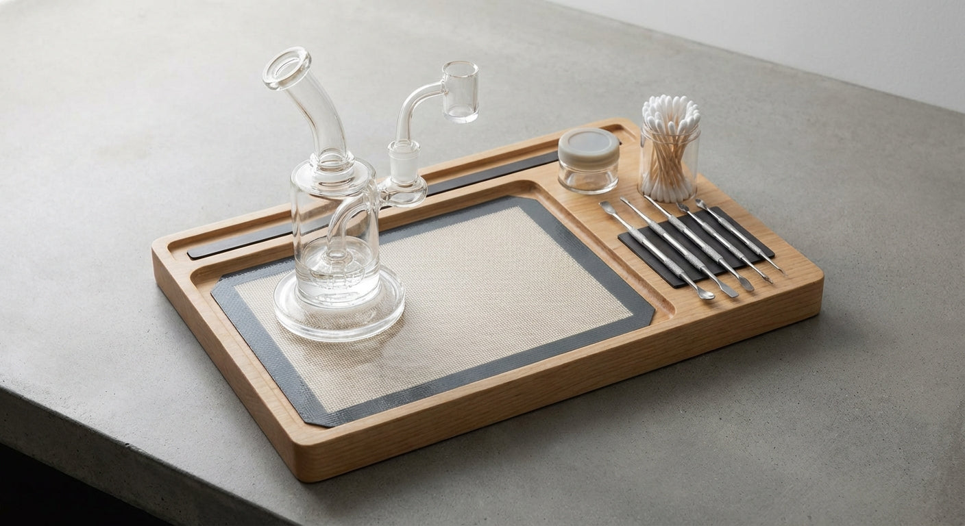 Overhead shot of a clean magnetic dab station with rig, dab pad, and tools on a rack