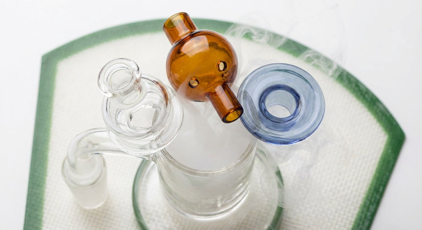 Close-up of different carb caps over a quartz banger, visible airflow paths