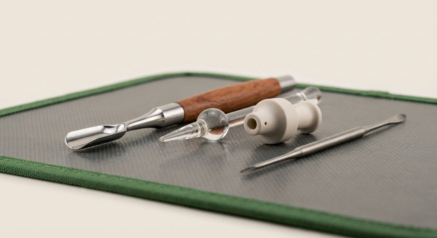Close-up lineup of different dab tools on a silicone dab mat