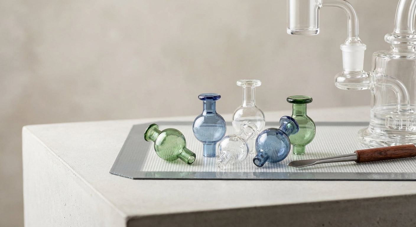 Close-up of different carb caps laid out on a silicone dab mat next to a dab rig and dab tool