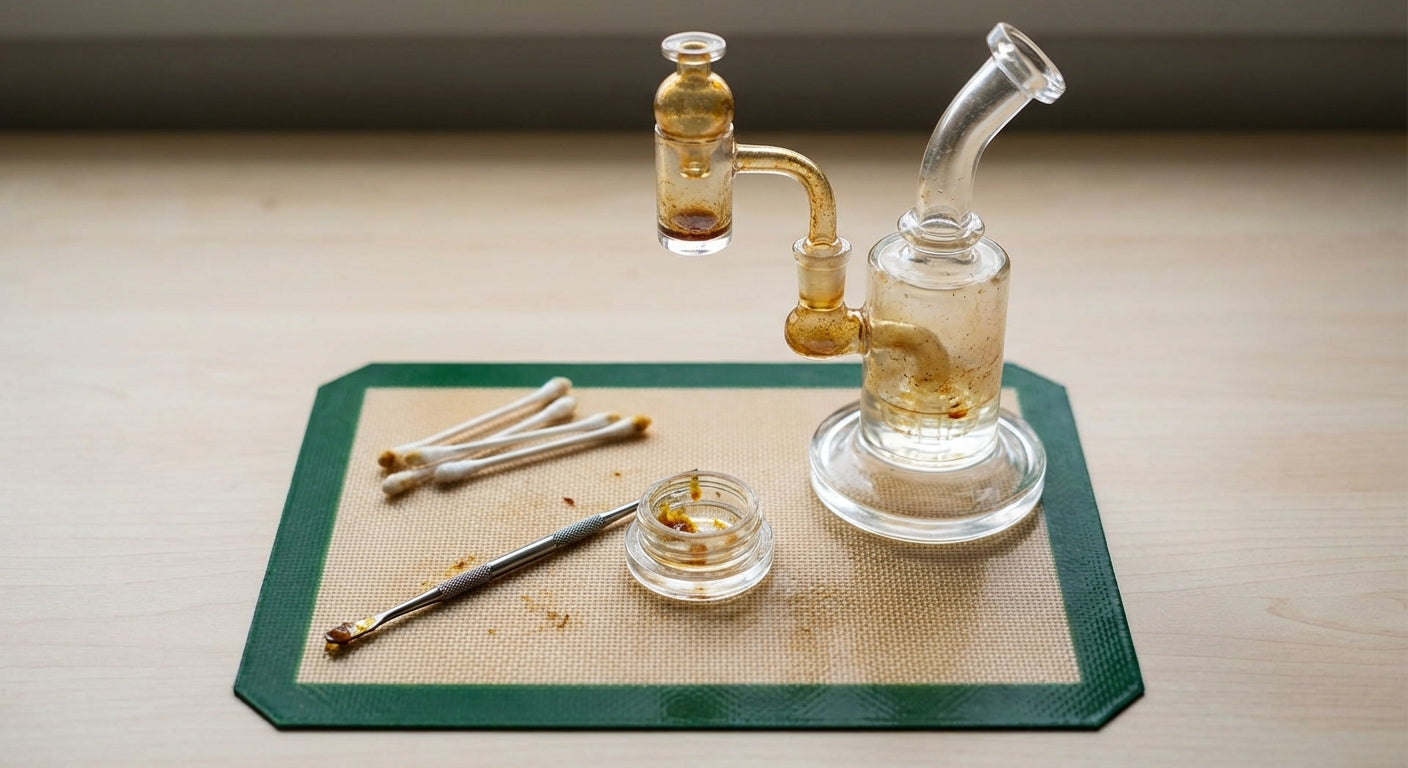 Close up of a messy dab station with dirty tools, rig, and silicone dab pad before cleaning