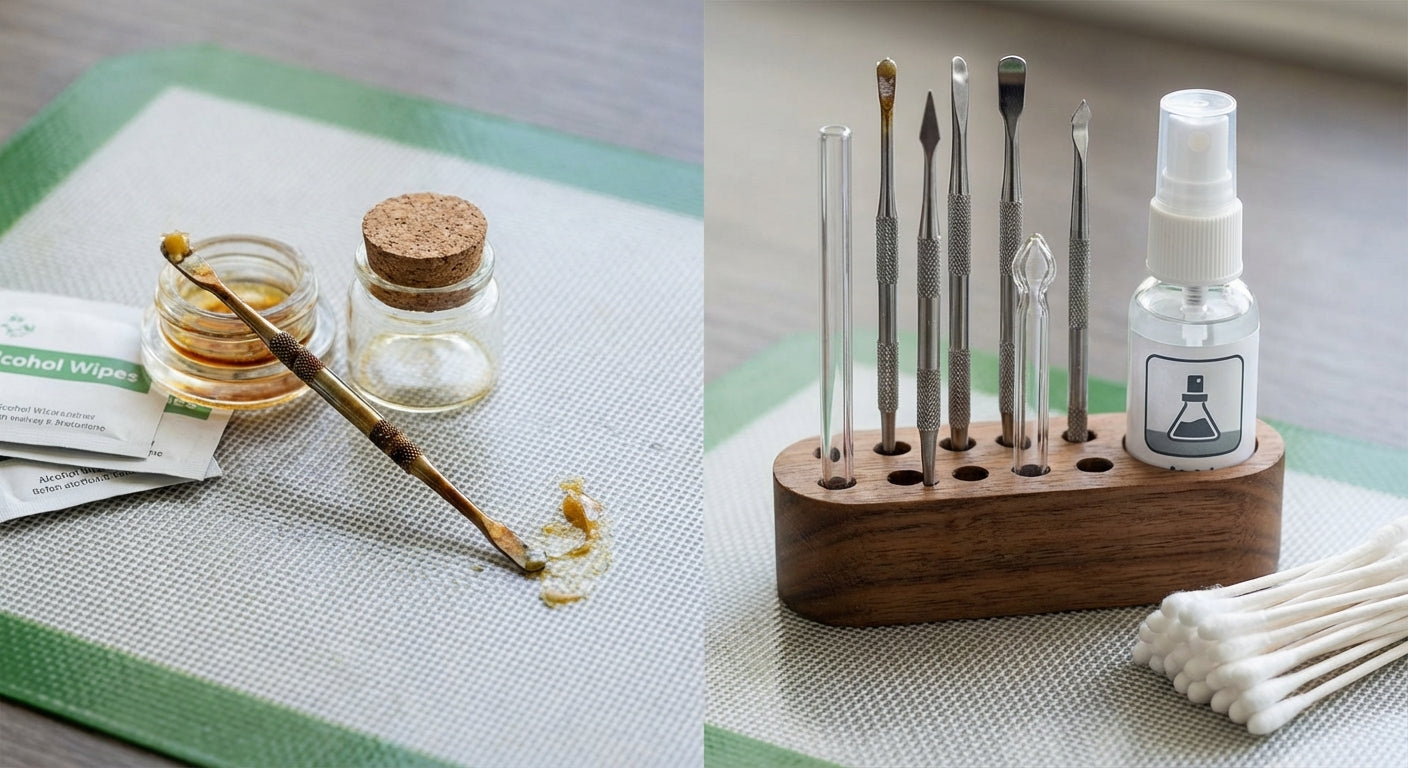 Close up of dirty vs clean dab tools on a silicone dab mat