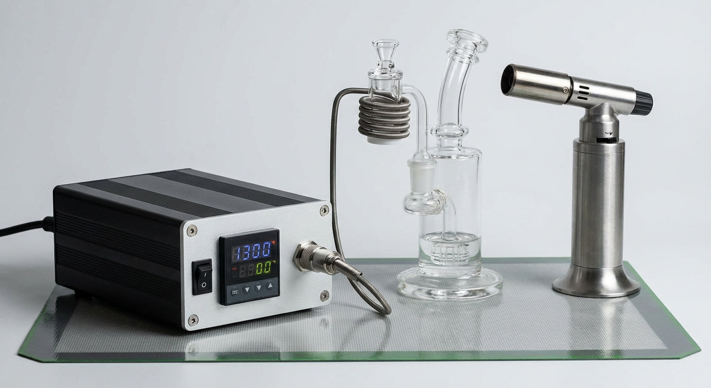 close-up of an e-nail setup next to a torch and banger, both sitting on a silicone dab mat