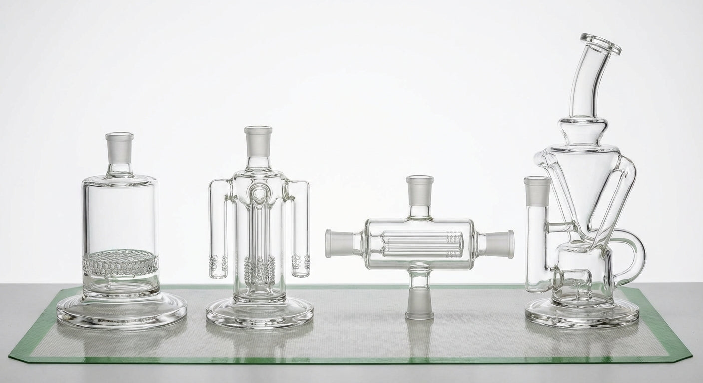 Side-by-side close-up of common percs (honeycomb, tree, inline, recycler)