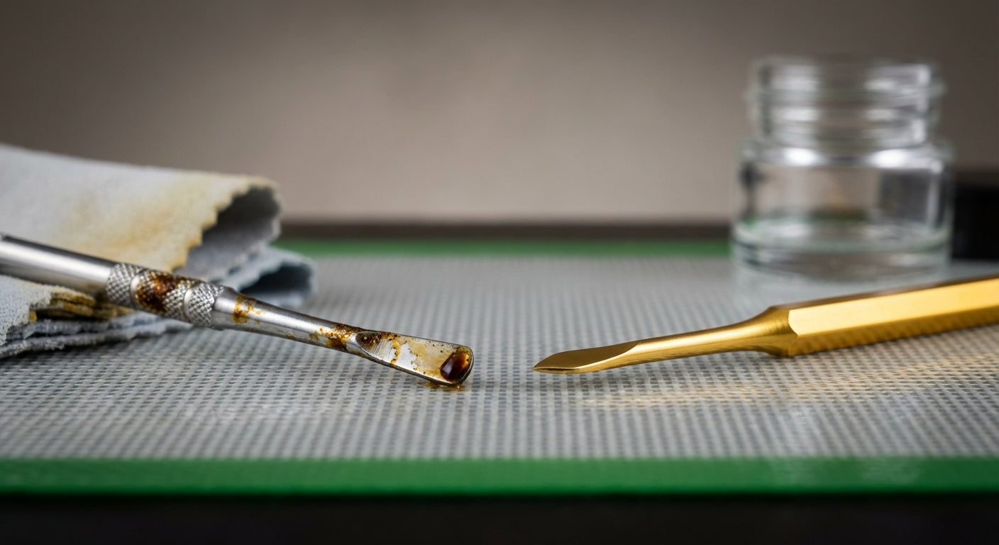 Close-up of dirty vs clean dab tools on a silicone dab mat