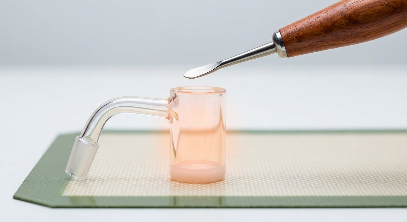 Close-up of a glowing quartz banger cooling with a dab tool ready