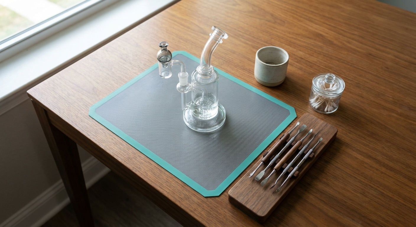 Overhead shot of a neat dab station with rig, dab pad, and magnetic tool holders