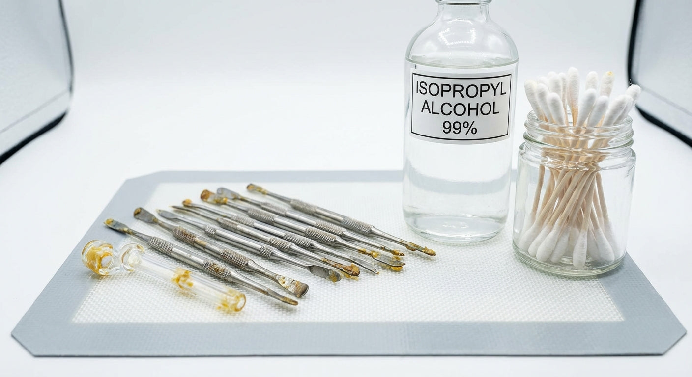 Close-up of dirty dab tools on a silicone dab mat next to a bottle of isopropyl alcohol and cotton swabs