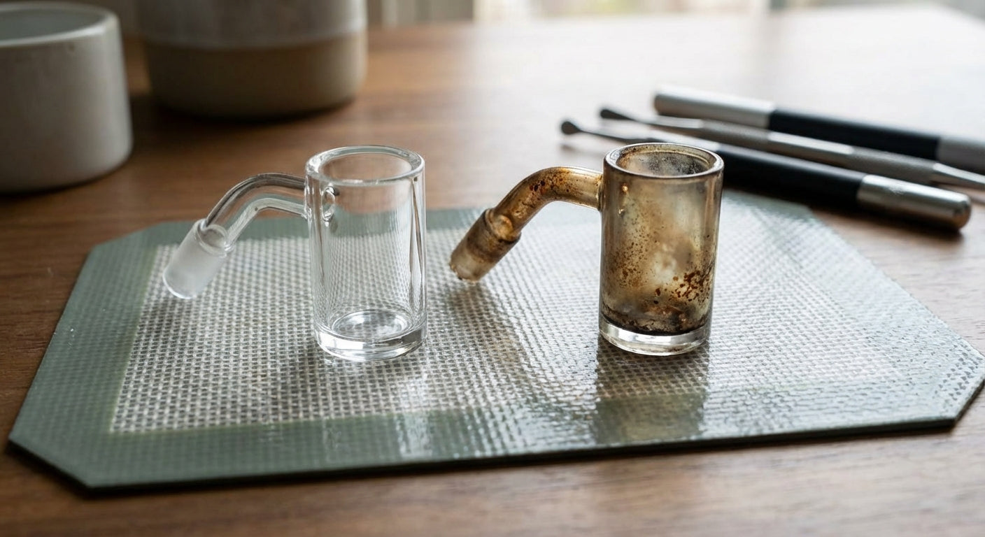 Close up of a clean, clear quartz banger next to a heavily chazzed banger on a dab pad