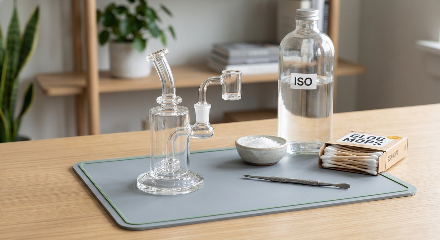 A clean glass dab rig next to ISO, salt, glob mops, and a silicone dab mat on a tidy dab station