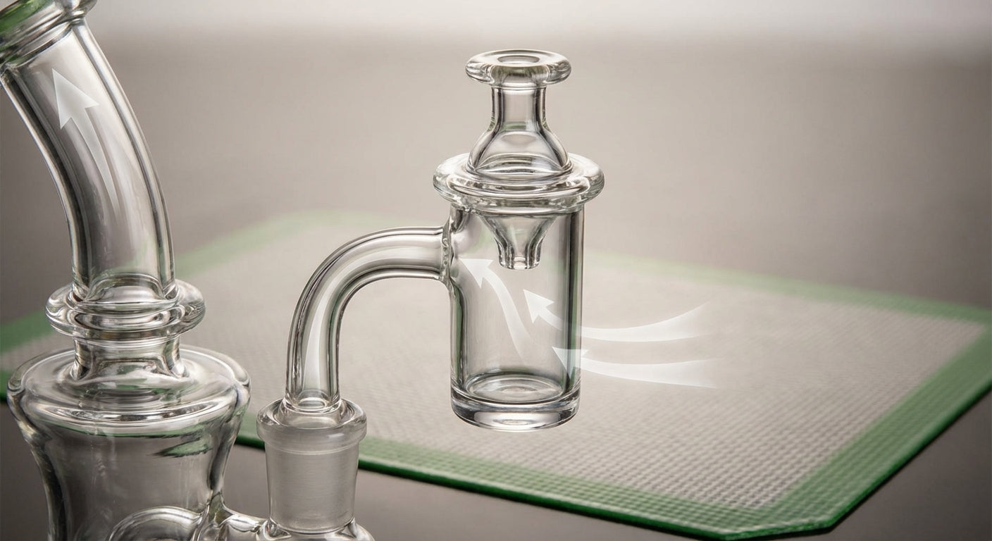Close-up of a quartz banger with a carb cap  airflow arrows