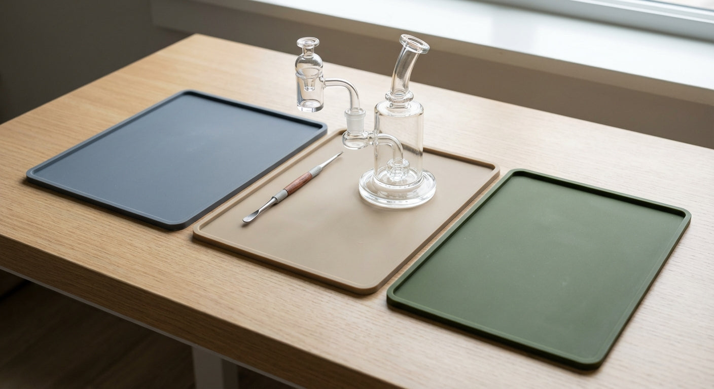 A tidy dab station with a rig, quartz banger, carb cap, tool, and three different dab mats side by side