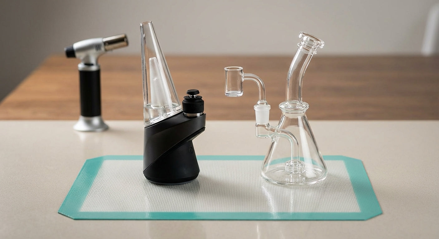 Electric dab rig and classic glass rig side by side on a silicone dab mat, torch in background
